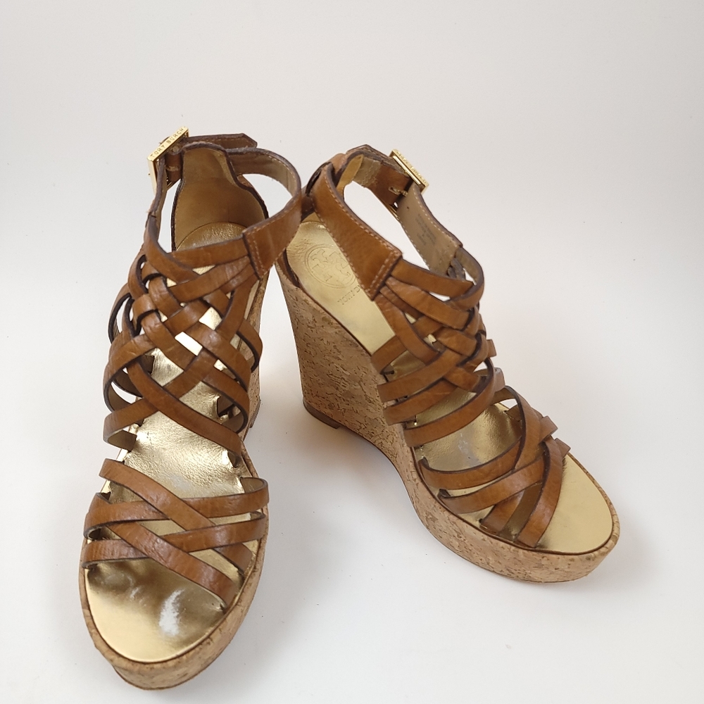 Tory Burch cork Strappy Wedge Platform Sandals Leather Shoes